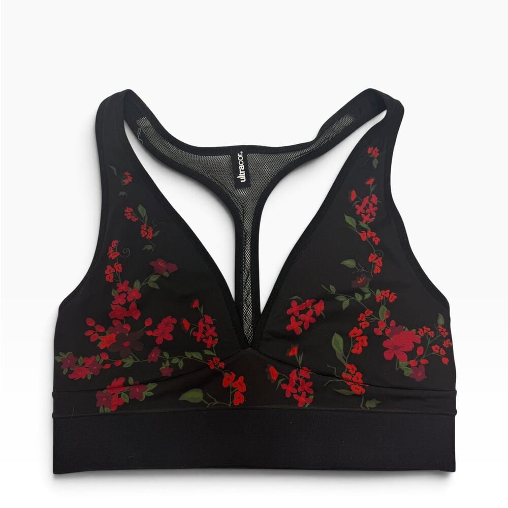Ultracor Ultra High Sports Bra Womens L Black Red Floral Mesh Racerback NWOT